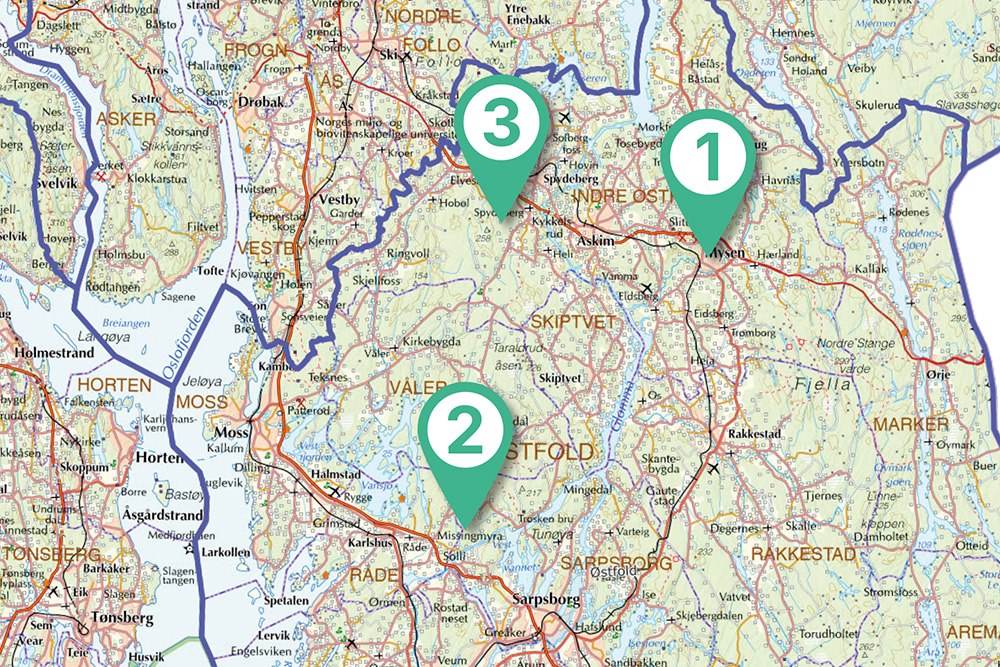 Map of Elvia's pilots: pilot 1 in Indre Østfold, pilot 2 in Råde and pilot 3 in Spydeberg