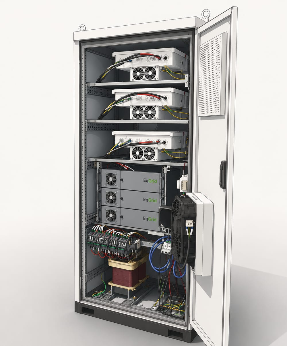 Illustration of the standard eqGrid model with battery modules, power electronics, transformers and control