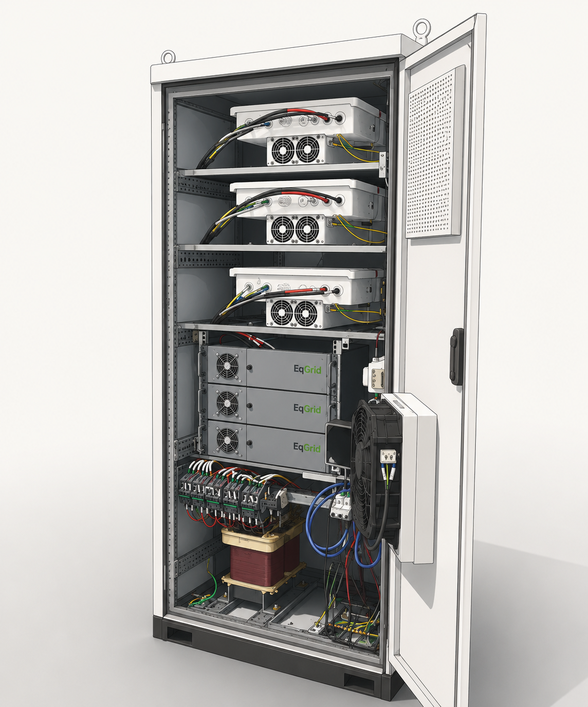 Illustrasjon av standard eqGrid-modell med batterimoduler, kraftelektronikk, transformatorer og styring